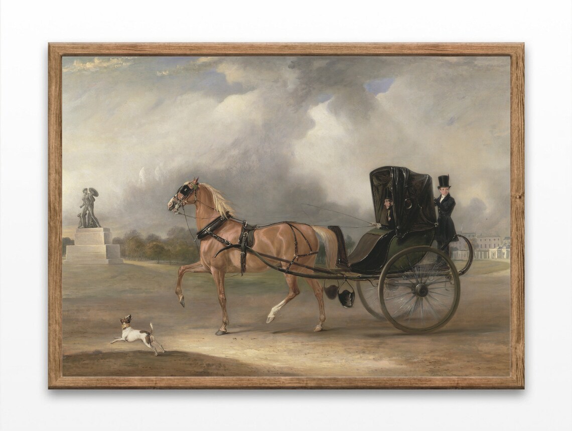 Chestnut Horse Drawing Carriage In Park With Dog Vintage Art Poster