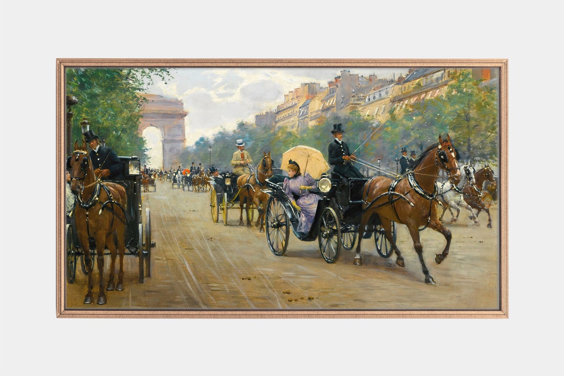 Paris Champs Elysees Horse Drawn Carriages Arc De Triomphe Art Poster