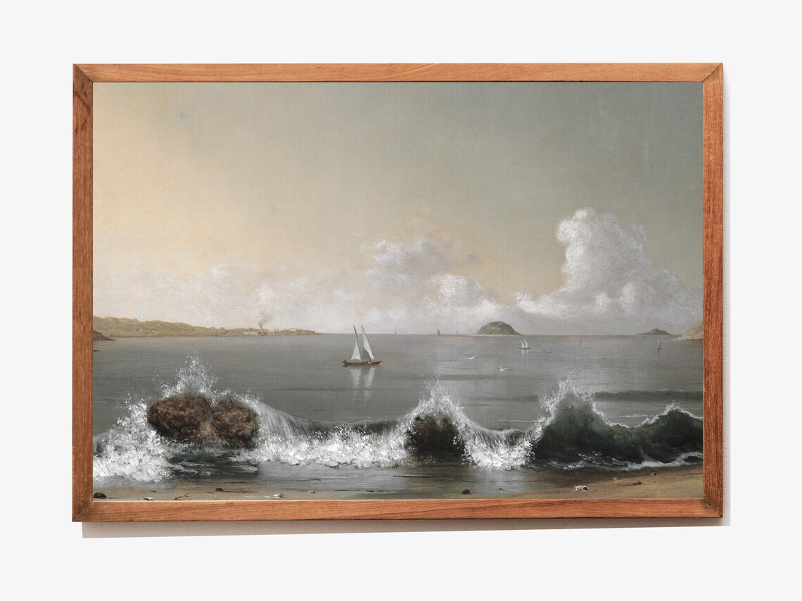 Waves Breaking On Coastal Rocks With Sailboats Marine Oil Painting Poster - Image 3
