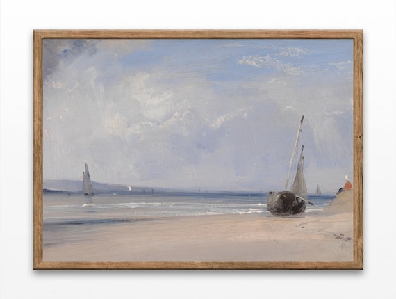Vintage Coastal Beach Painting Sailboats Sandy Shore Soft Sky Seaside Poster
