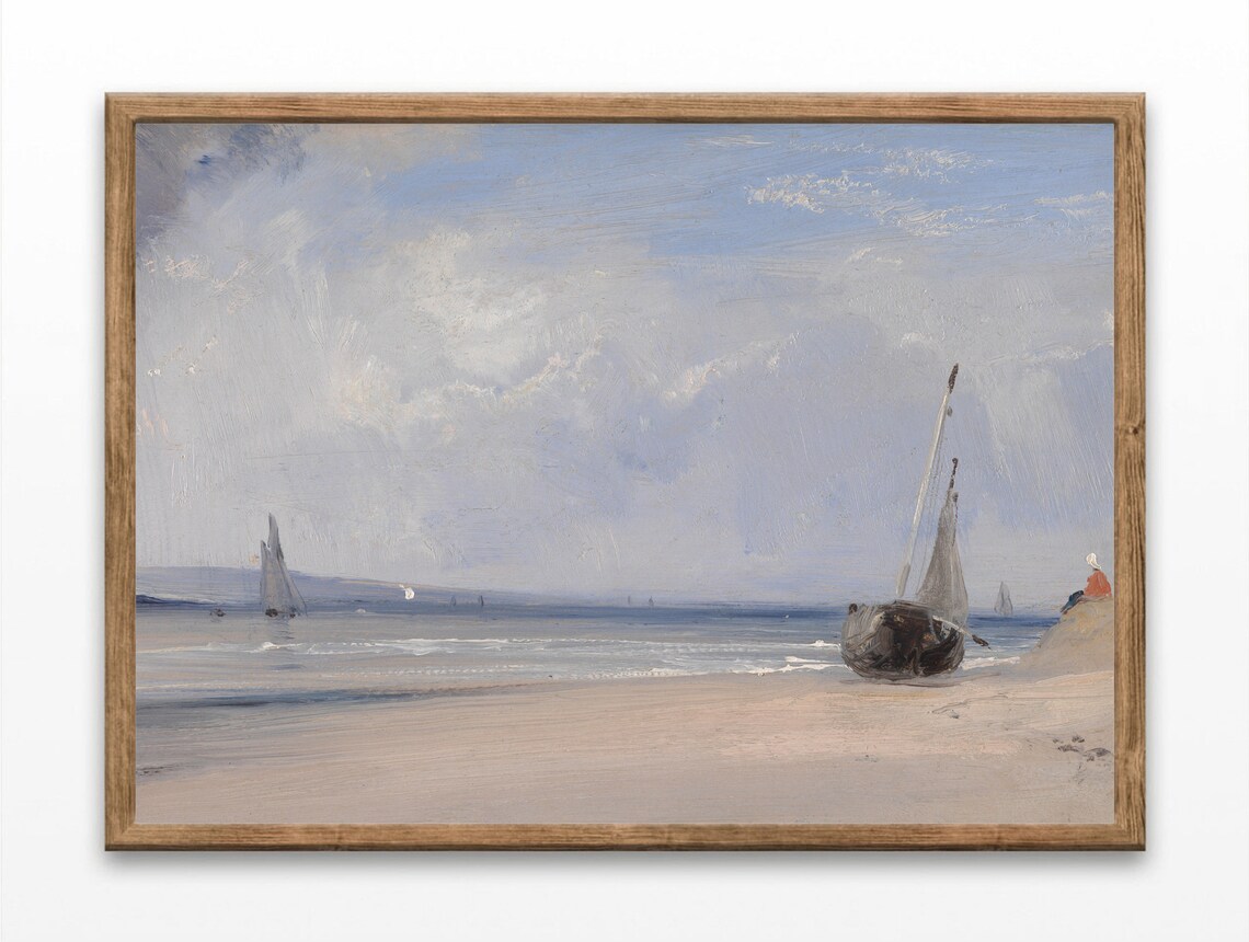 Vintage Coastal Beach Painting Sailboats Sandy Shore Soft Sky Seaside Poster