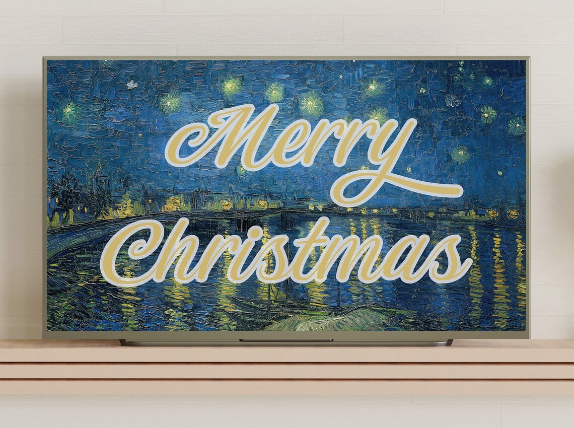 Van Gogh Starry Night Merry Christmas Script Holiday Vintage Art Poster - Image 3