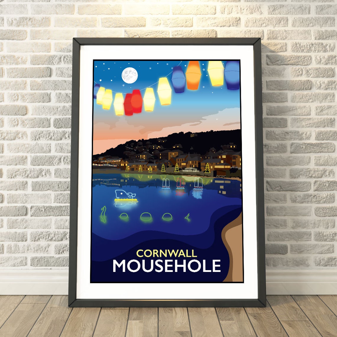 Mousehole Cornwall Christmas Lights Night Harbor Coastal Poster