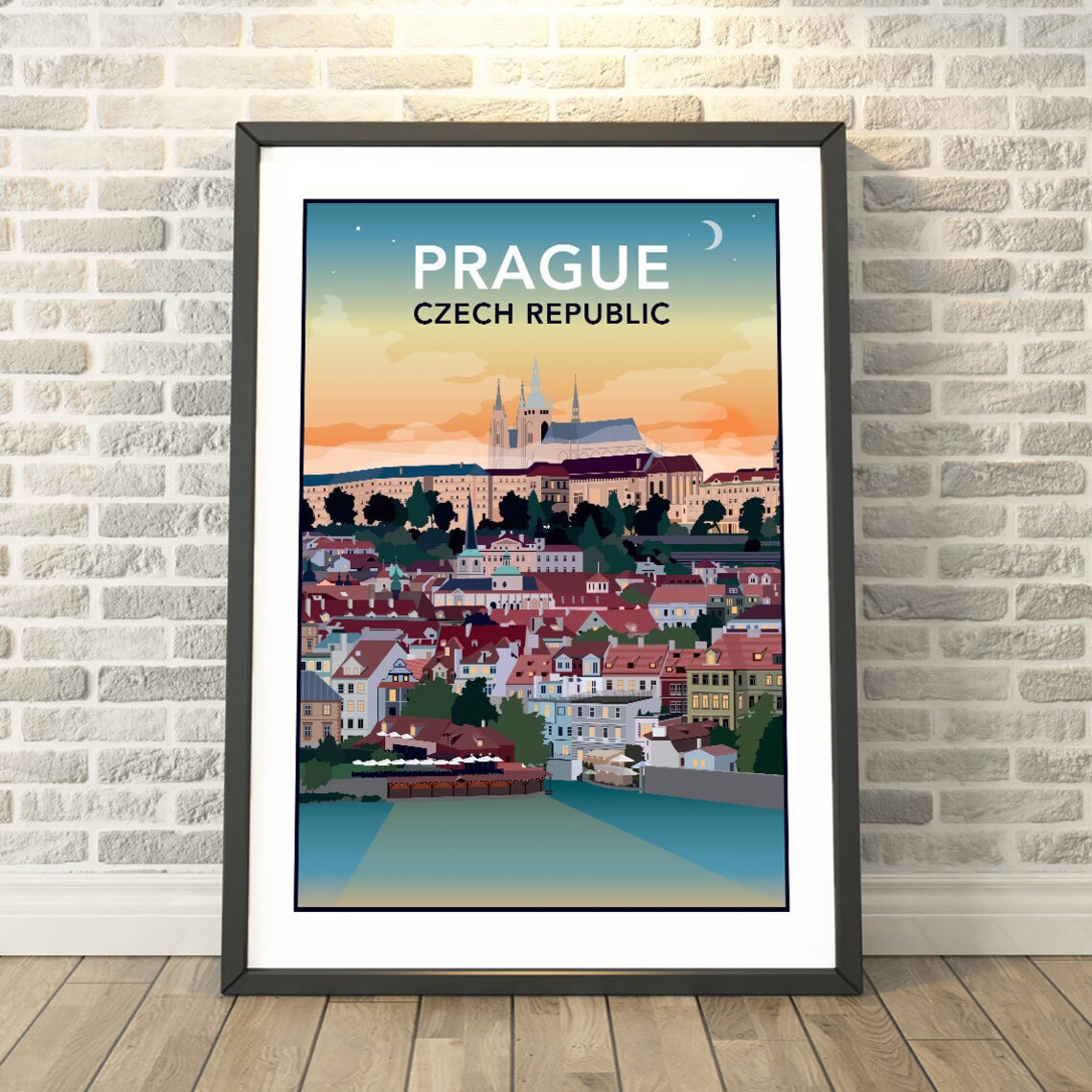 Prague Czech Republic Castle at Sunset Retro Europe Travel Poster