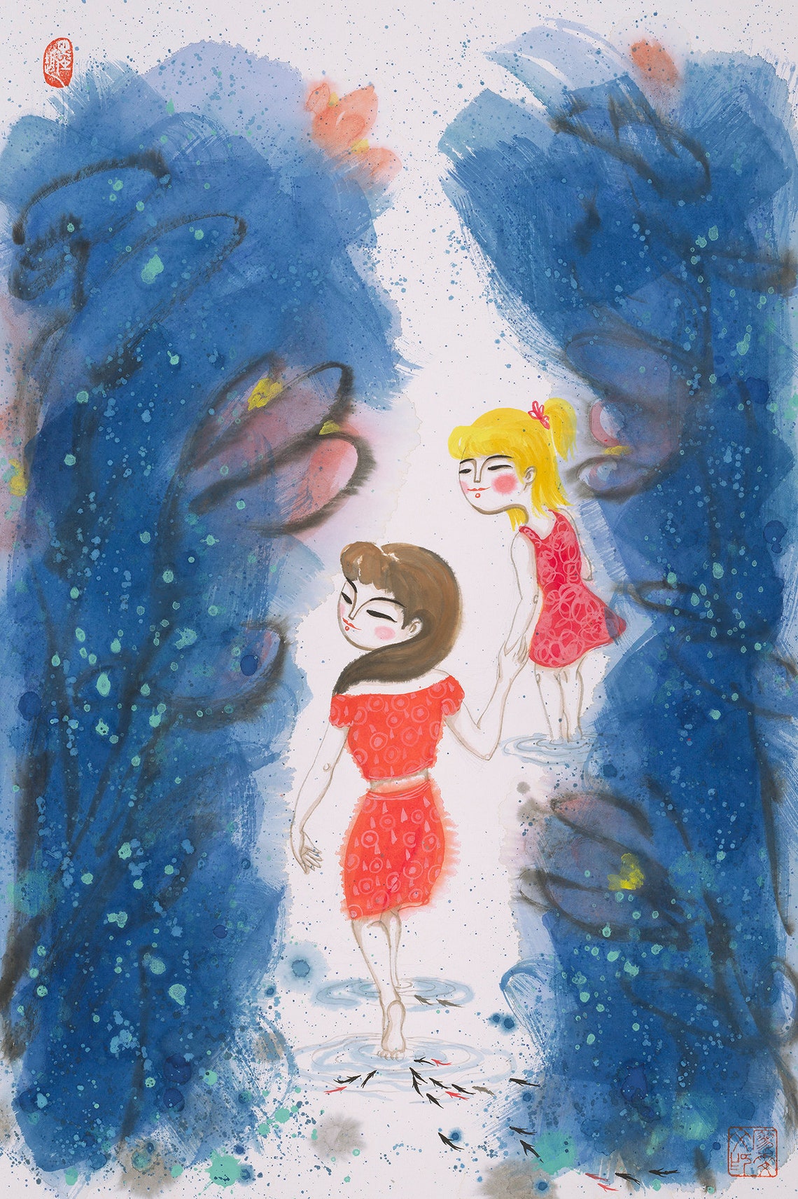 Mom And Daughter Art Print Mom And Kid Painting Print Painting Print Chinese Painting Print Home Wall Decor Kids Room Art Wall Art