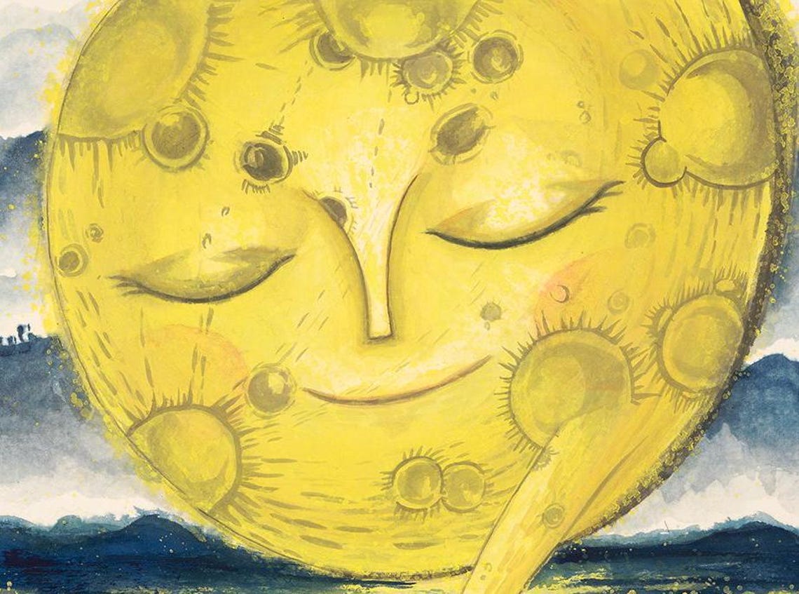 Boy Reaching Giant Smiling Moon Blossom Lake Art Nighttime Poster - Image 4
