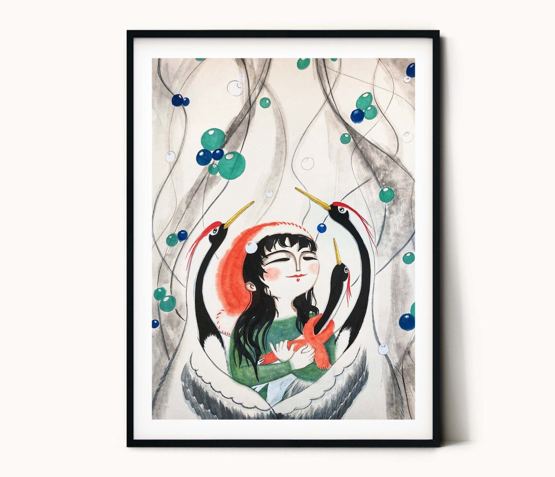 Girl and Cranes Chinese Ink Painting Art Print - Image 2