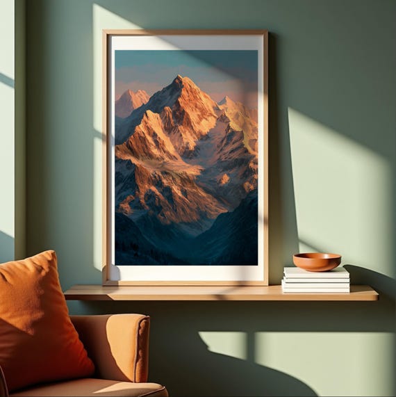 Golden Hour Mountain Peaks Print Hyperrealistic Landscape Wall Art