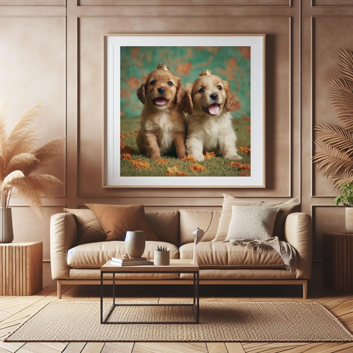 Crown Puppies Autumn Leaves Golden Retriever Cute Puppy Poster