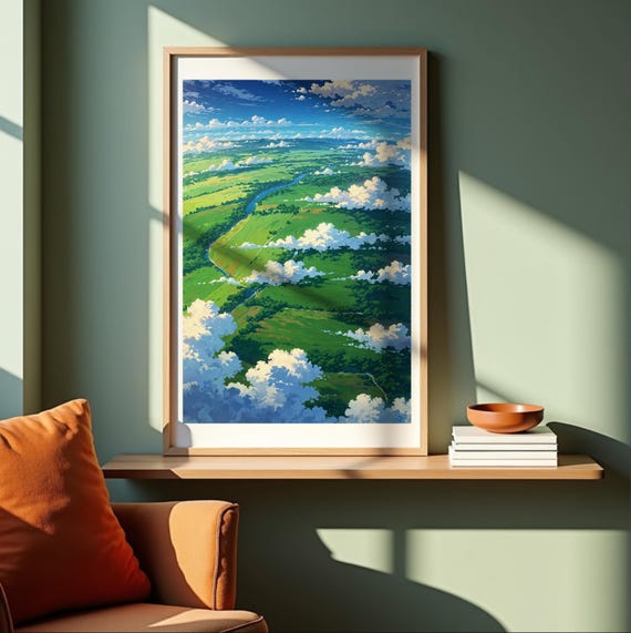 Anime Landscape Art Print Green Valley Cloudscape