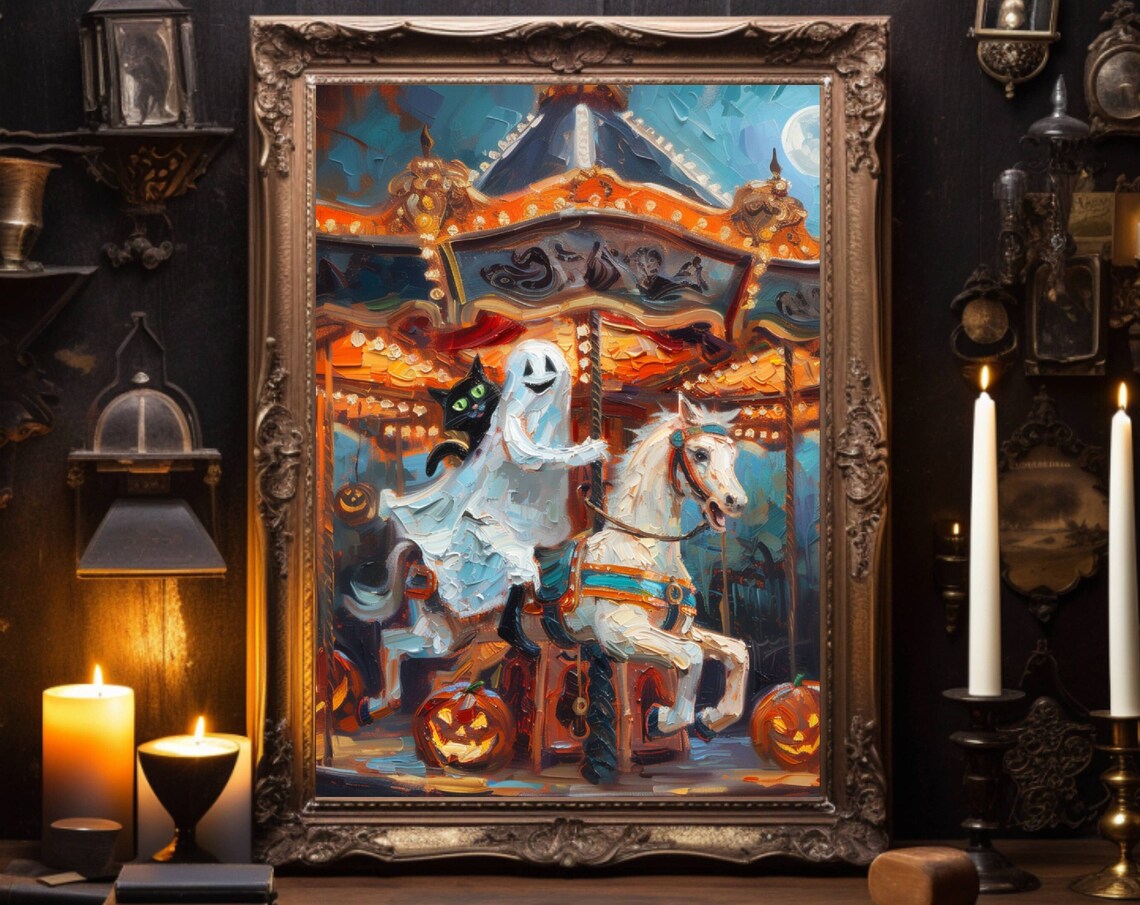 Ghost and Black Cat Carousel Halloween Art Print