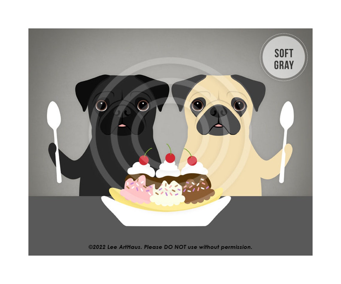 Pug Pair Sharing Banana Split Sundae Funny Dog Kitchen Wall Art Poster - Image 3