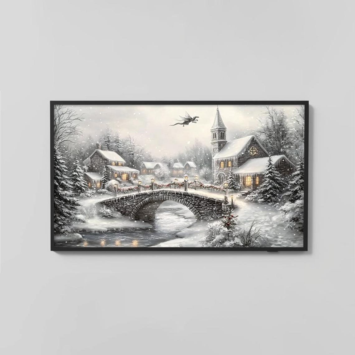 Enchanted Winter Village Stone Bridge Church Snow Scene Poster - Image 2