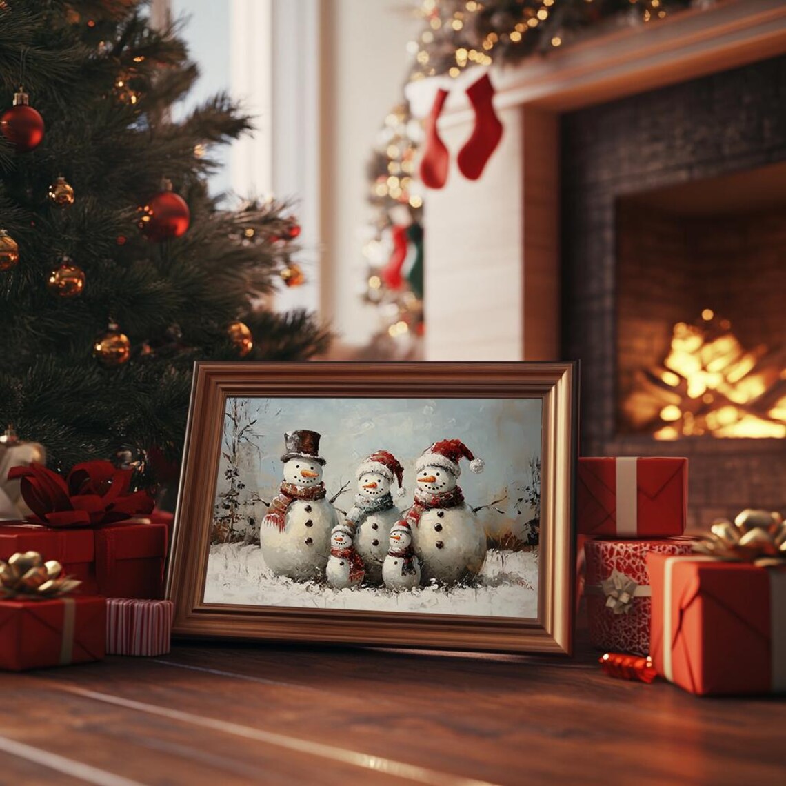 Vintage Snowman Family Five Snowy Winter Painting Cute Poster - Image 3
