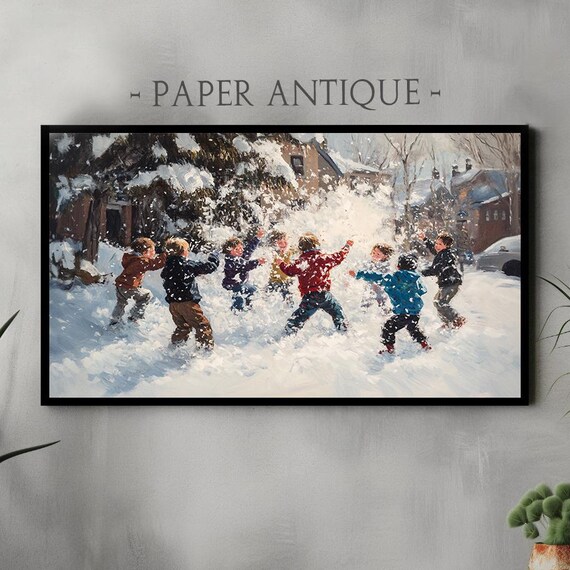 Children Snowball Fight Vibrant Winter Scene Oil Painting Holiday Poster