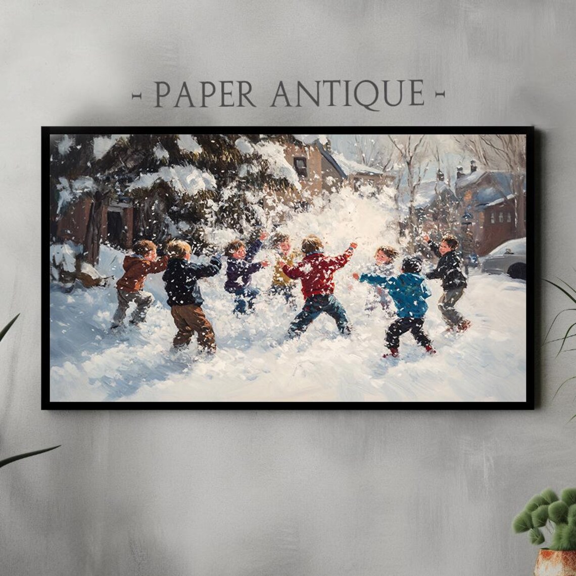 Children Snowball Fight Vibrant Winter Scene Oil Painting Holiday Poster