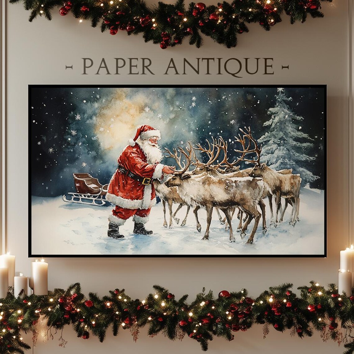 Santa with Reindeer and Sleigh Magical Winter Night Watercolor Poster