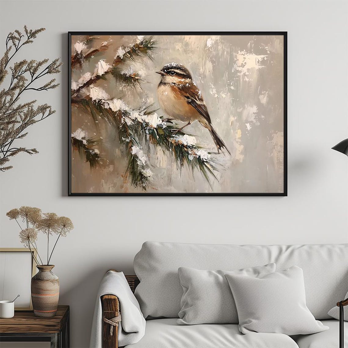 Small Bird Snowy Pine Branch Muted Winter Painting Art Poster - Image 5