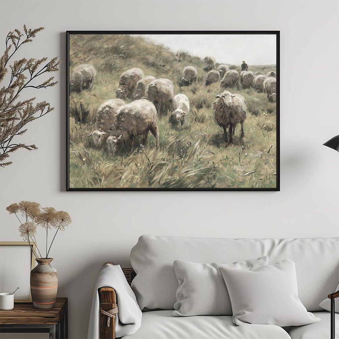 Pastoral Sheep Grazing Field Shepherd Vintage Oil Painting Poster - Image 5