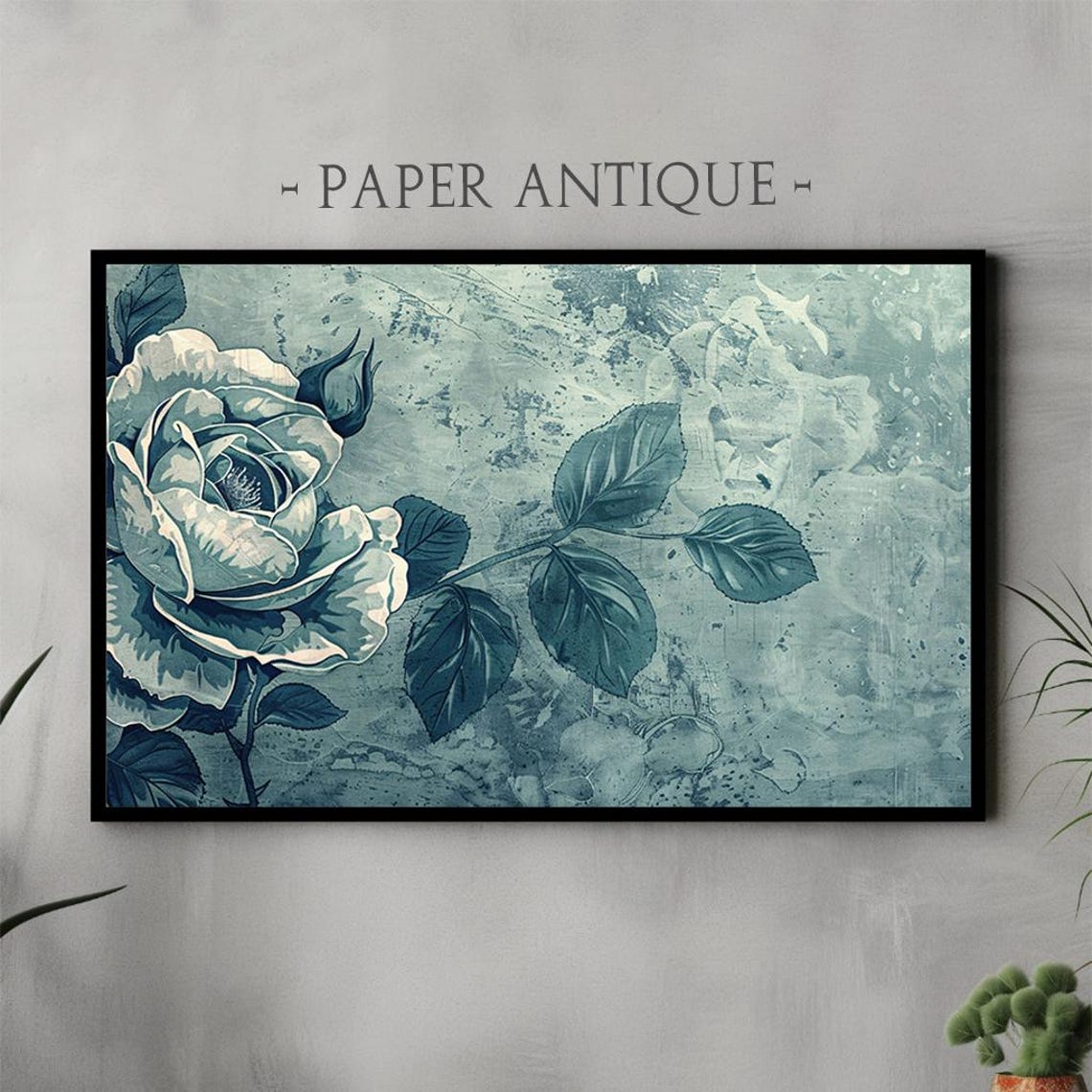 Teal Blue Rose Monochrome Vintage Floral Study Design Poster