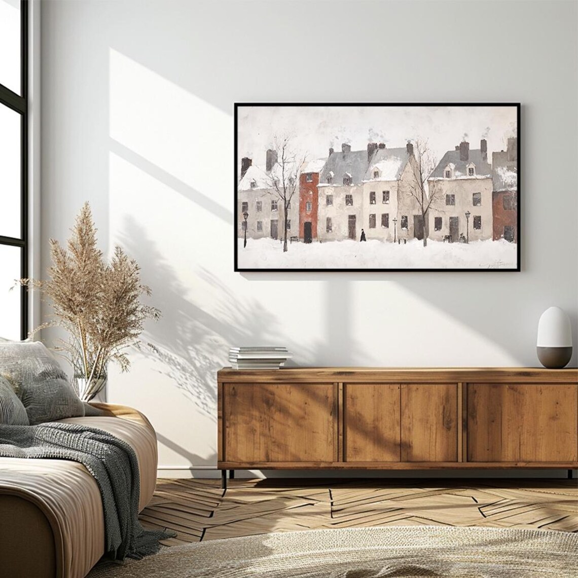 Snowy Historic Village Street Old Houses Winter Scene Art Poster - Image 4