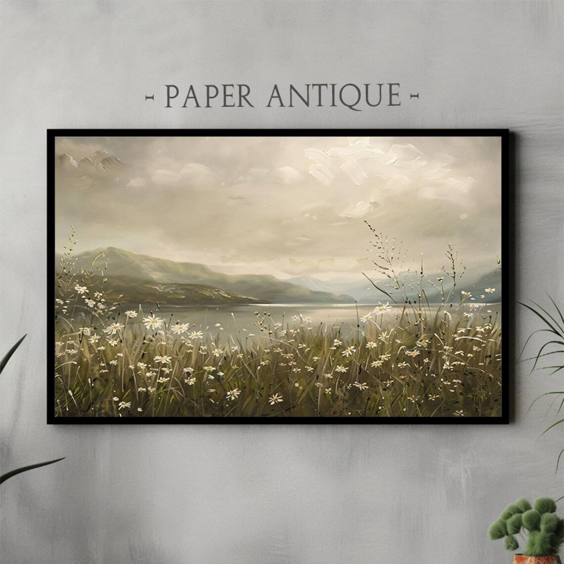 Wild Daisies by Misty Mountain Lake Vintage Landscape Poster