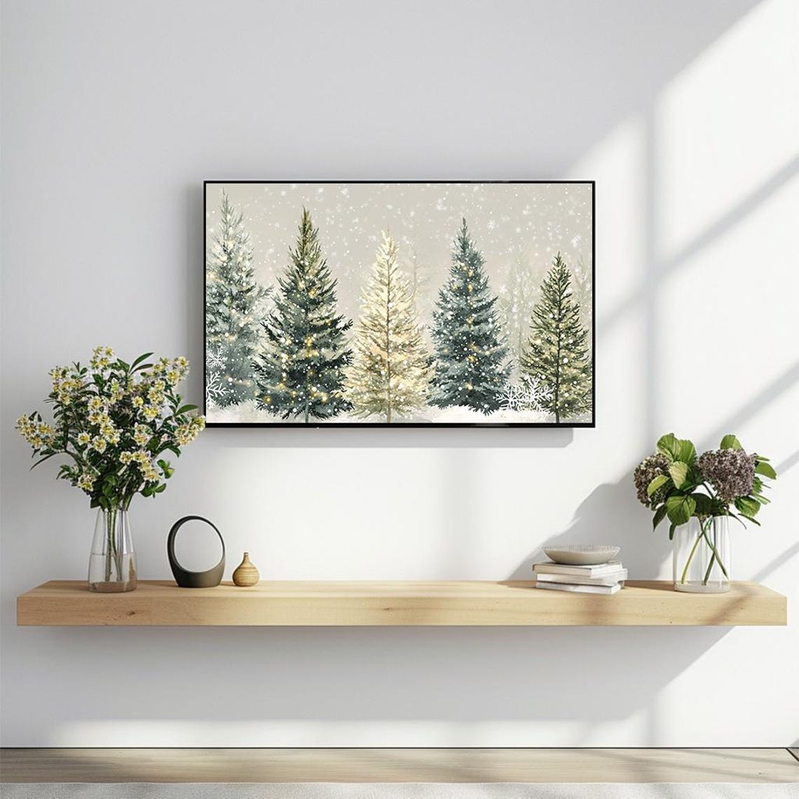 Snowy Pine Forest Watercolor With Twinkling Lights Art Poster - Image 2