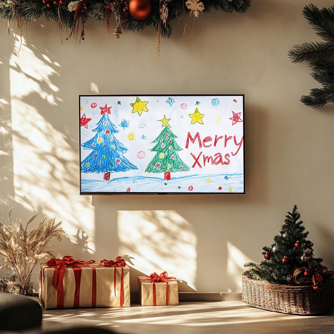 Colorful Merry Xmas Crayon Drawing Kids Christmas Tree Poster - Image 3