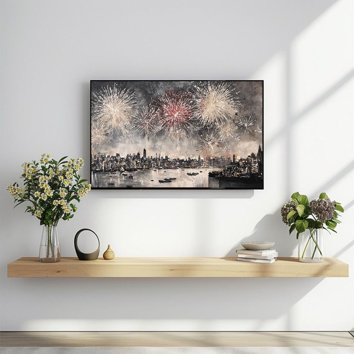 Dramatic Fireworks Over City Skyline Night Celebration Art Poster - Image 2