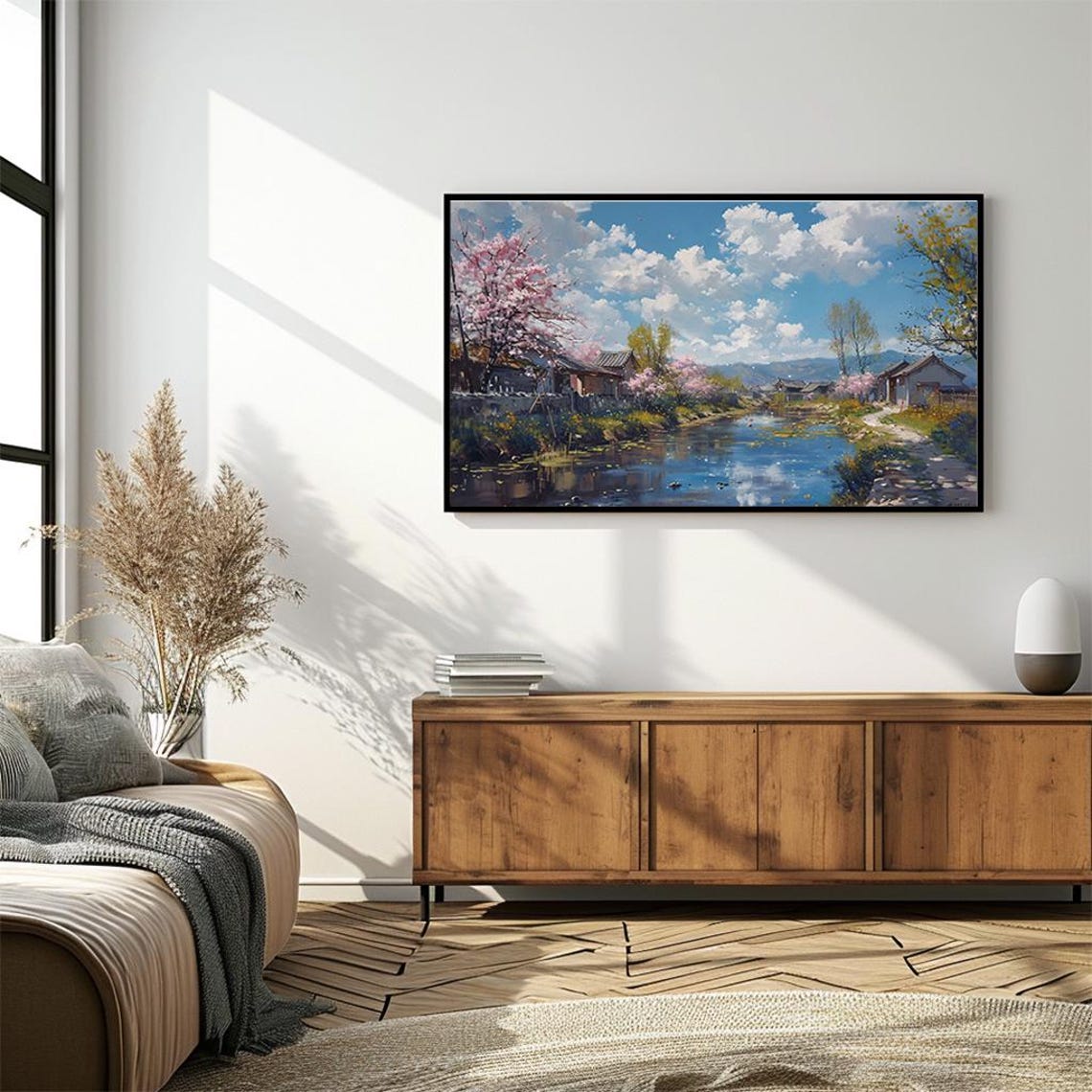 Cherry Blossom Village River Blue Sky Spring Landscape Painting Poster - Image 4