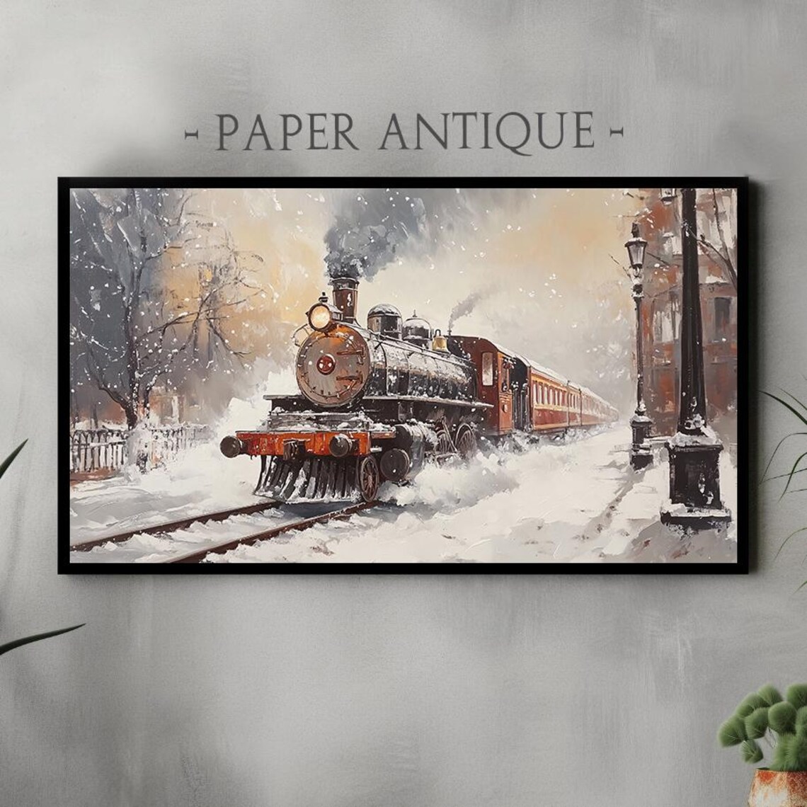 Vintage Christmas Steam Train in Snowy Town Oil Art Scene Poster