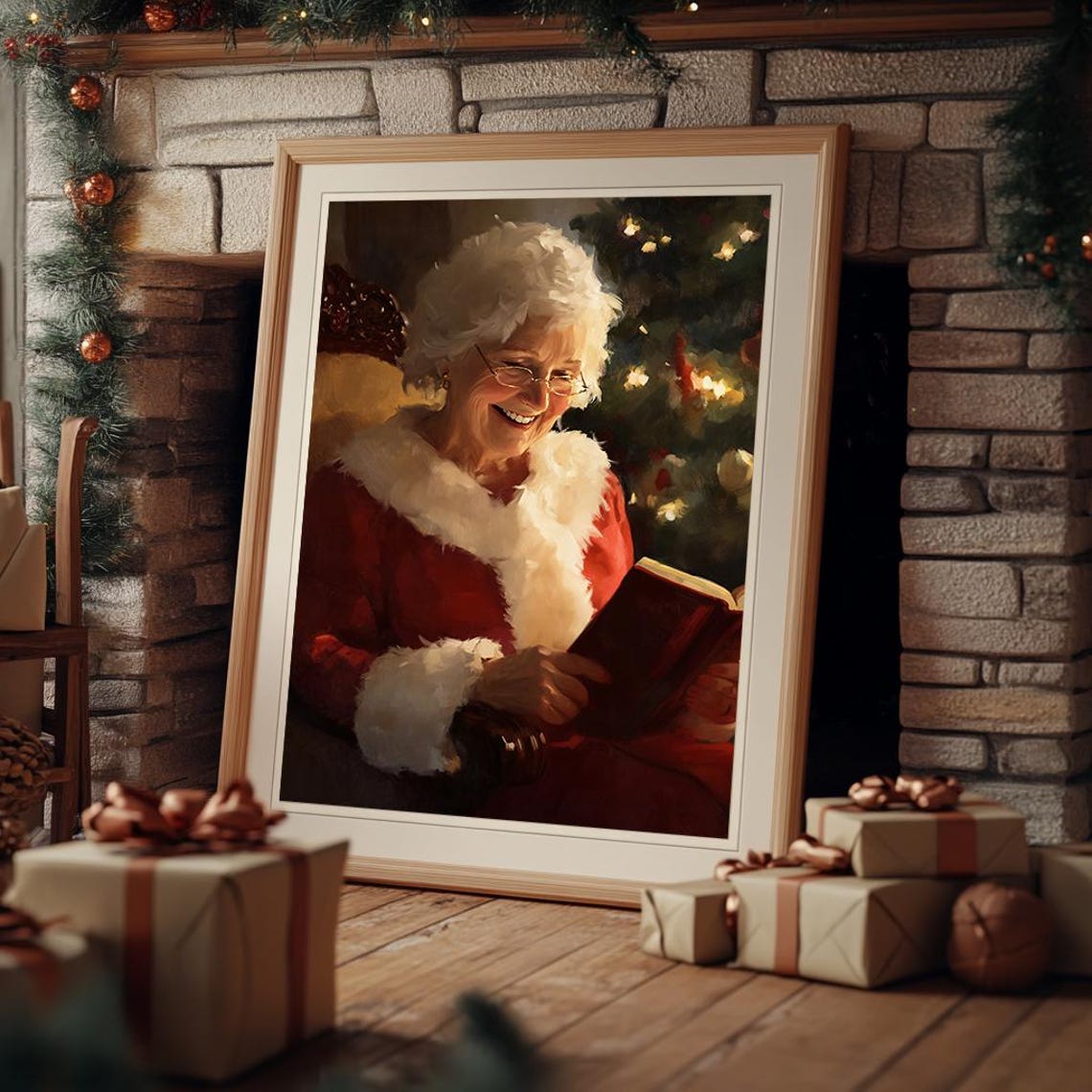 Smiling Mrs Claus Reading By The Christmas Tree Cozy Holiday Poster - Image 3