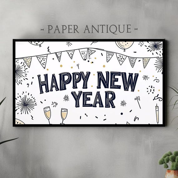 Frame Tv Art Happy New Year Festive Doodle Celebration Design Gold And Black Holiday Artwork For Frame Tv