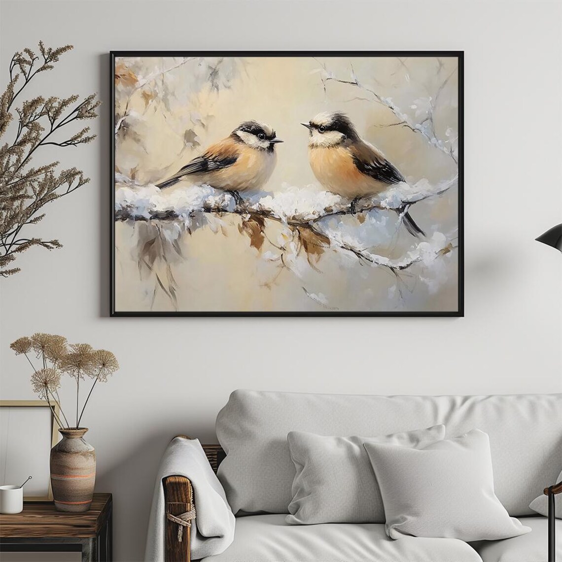 Songbirds Perched Snowy Branch Soft Winter Watercolor Art Poster - Image 5
