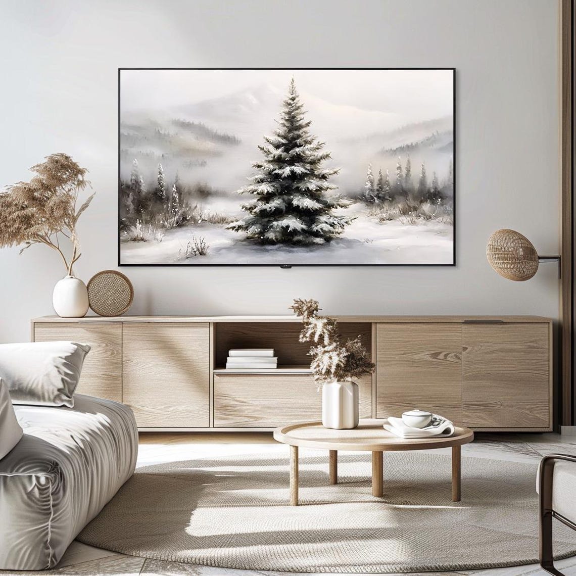 Tranquil Snowy Pine Tree in Misty Winter Woodland Scene Art Poster - Image 5