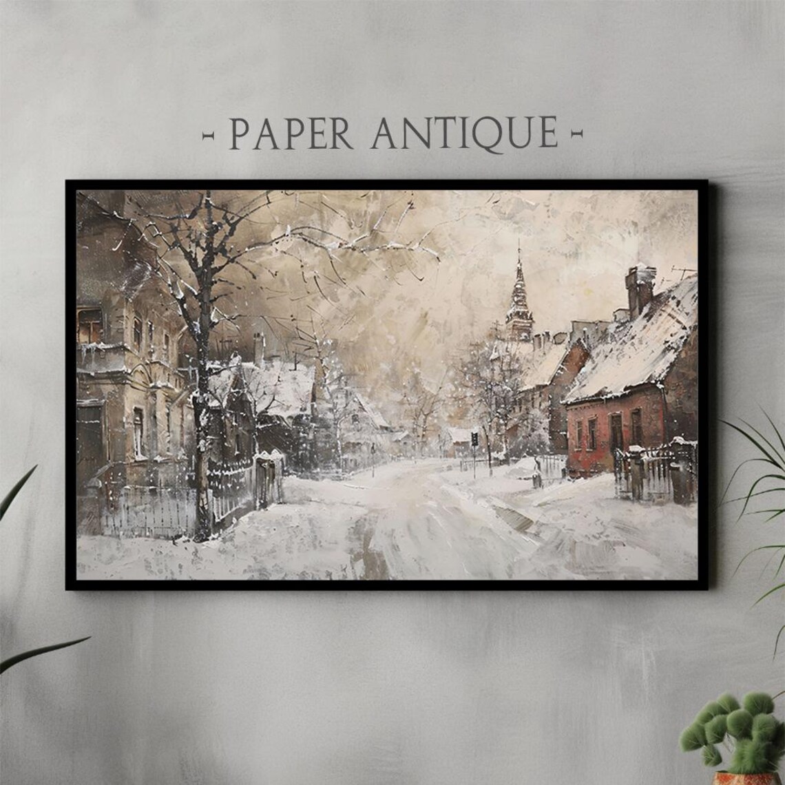 Snowy European Village Street Church Spire Winter Impressionist Poster