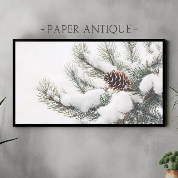 Snow Covered Pine Branch With Pinecone Rustic Winter Art Poster