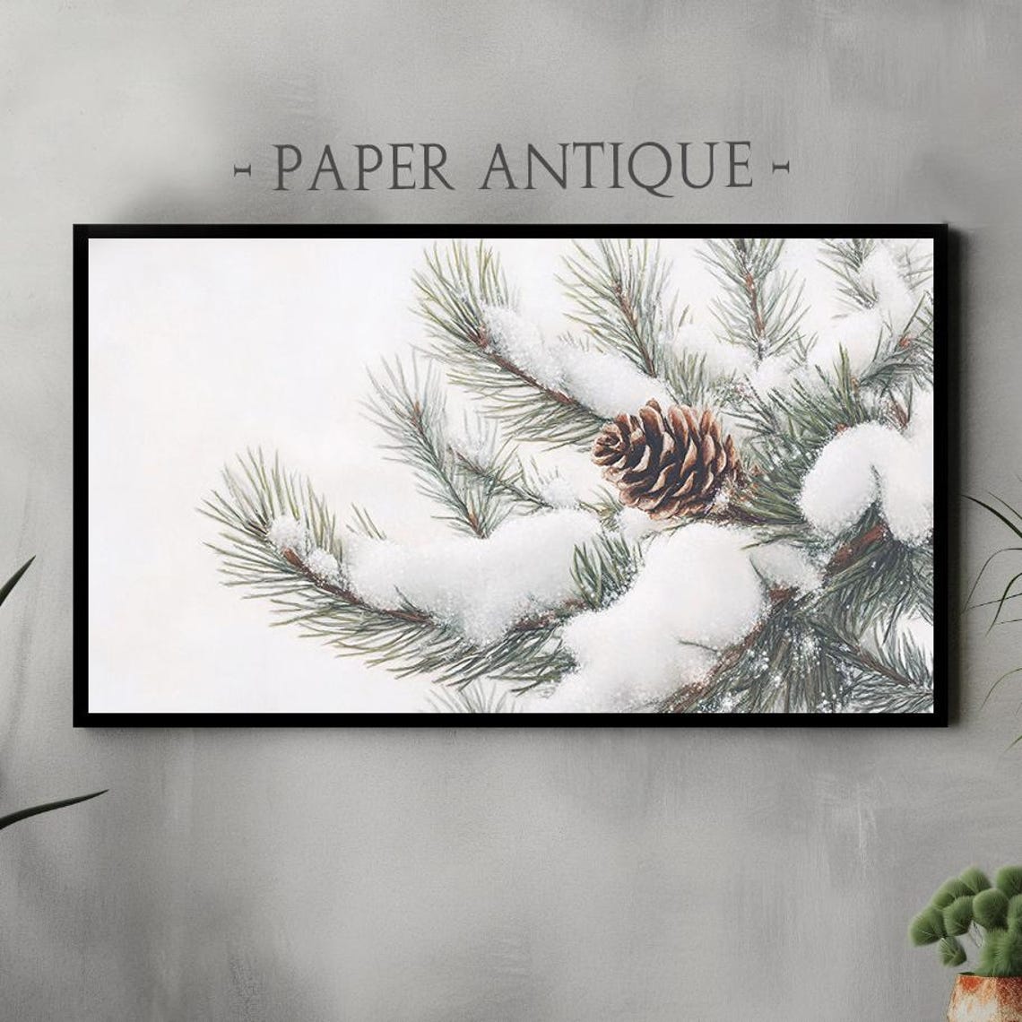 Snow Covered Pine Branch With Pinecone Rustic Winter Art Poster