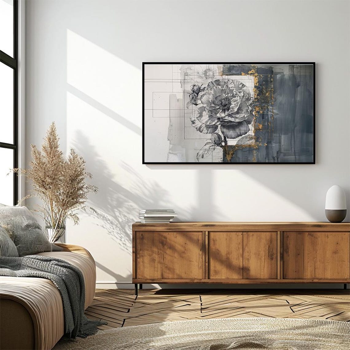 Gray Peony Sketch Abstract Botanical Modern Vintage Art Poster - Image 4