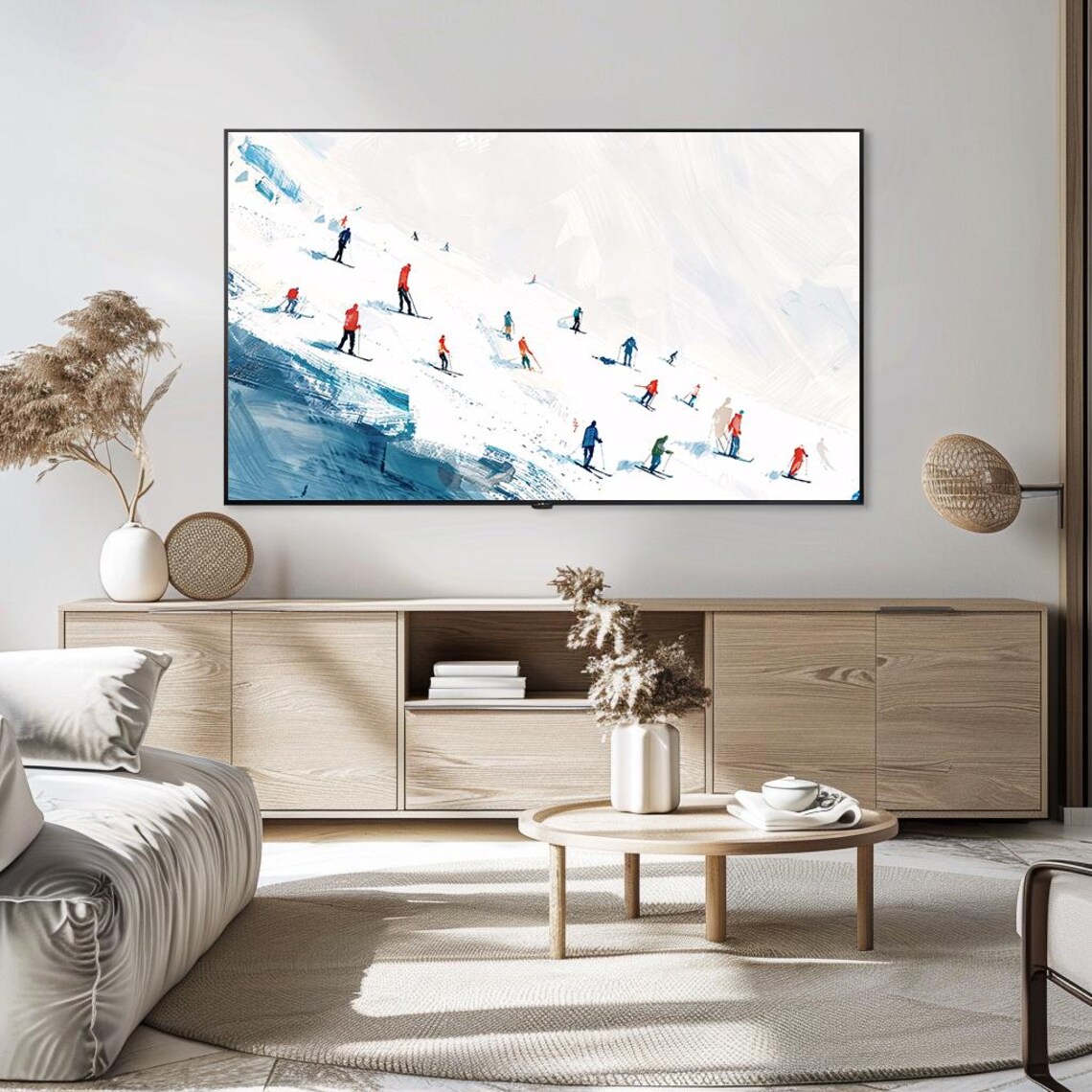 Minimalist Alpine Ski Slope Colorful Skiers Winter Art Poster - Image 5