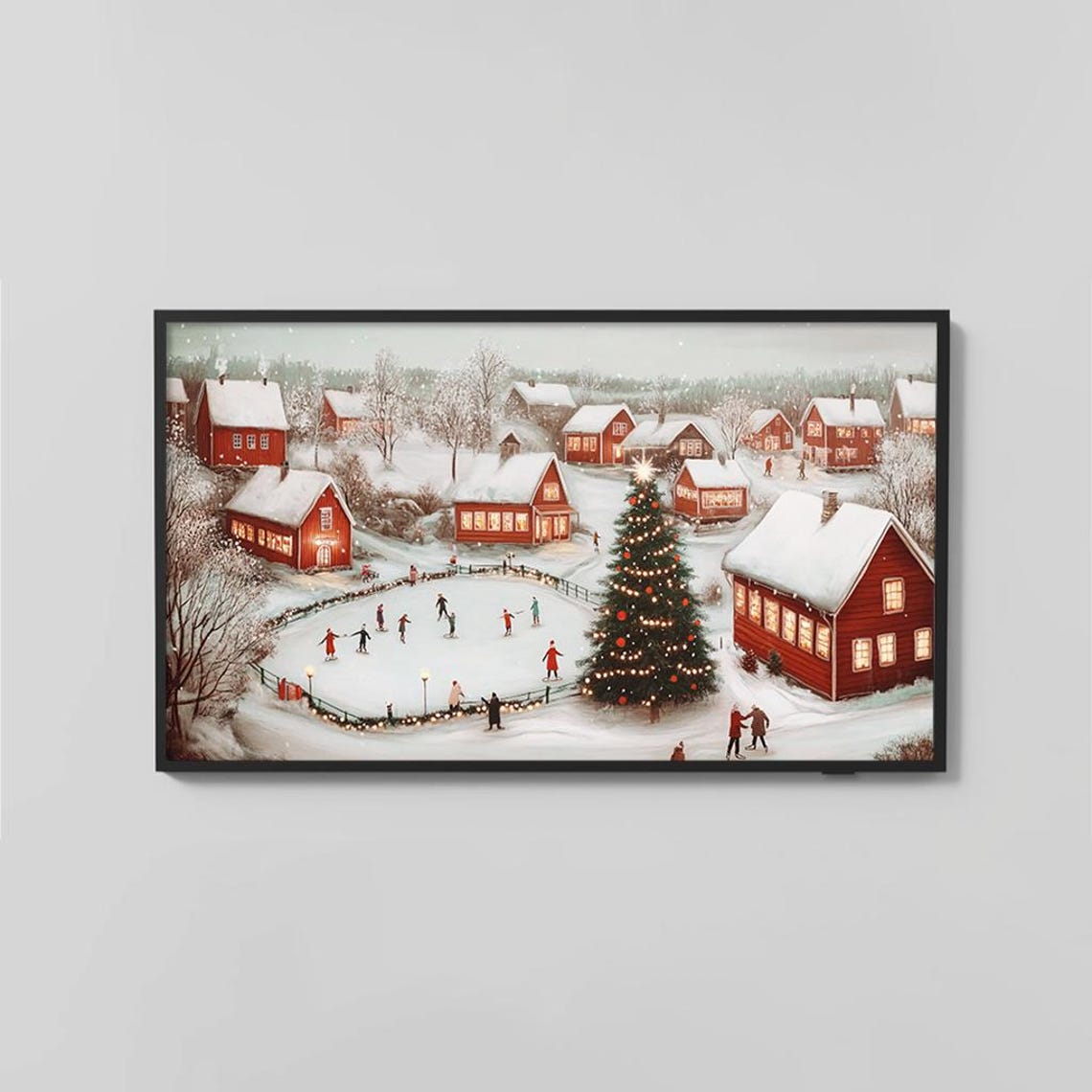 Winter Village Ice Skating Pond Red Houses Festive Christmas Poster - Image 2