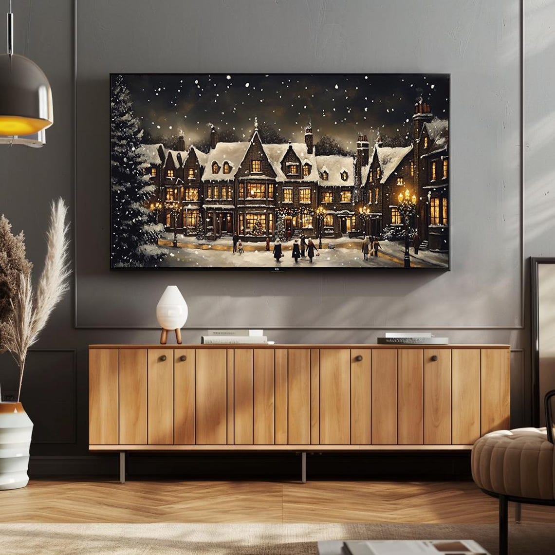 Snowy Village At Night Glowing Windows Falling Snow Panorama Poster - Image 4