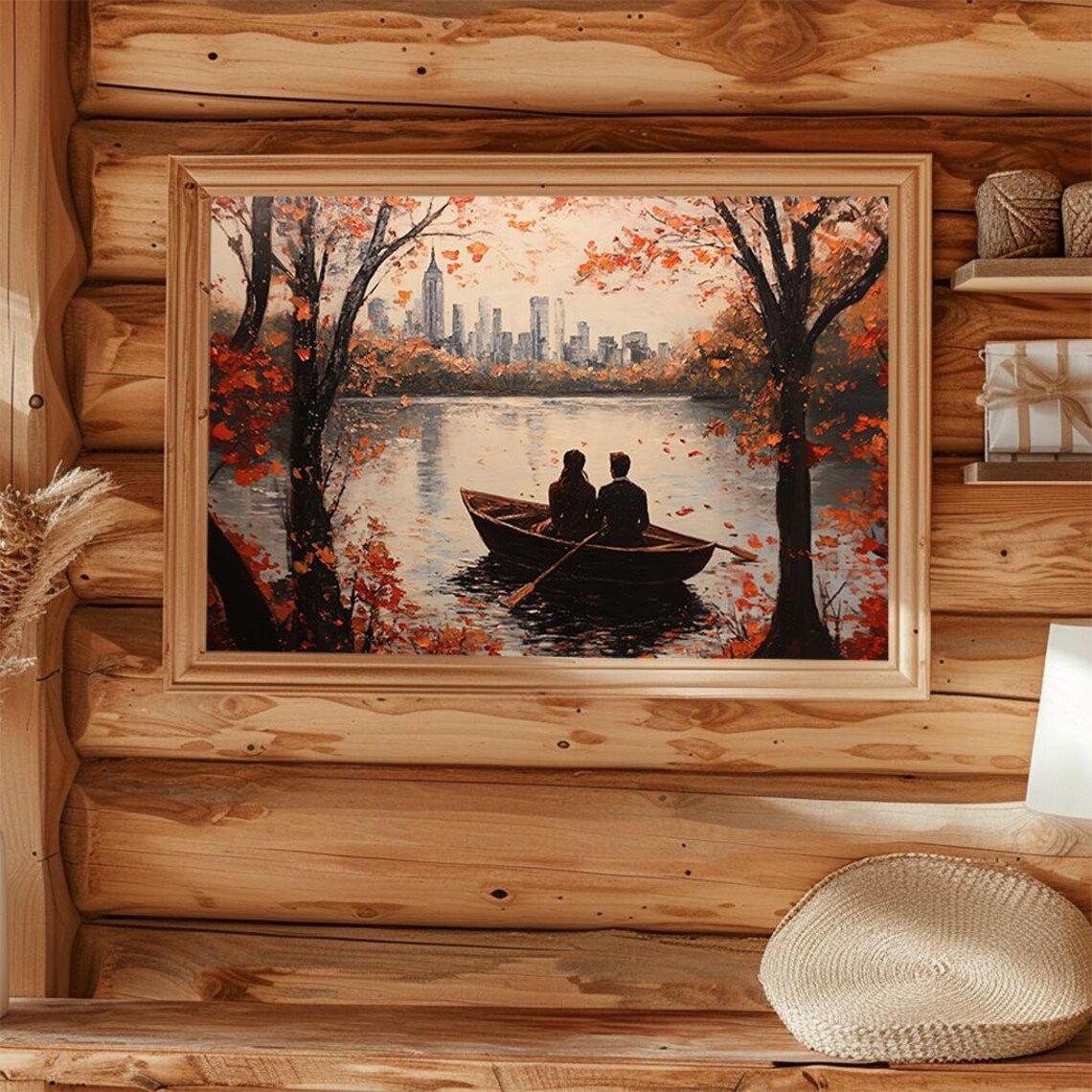 Couple in Rowboat Under Autumn Trees City Skyline Lake Poster - Image 4