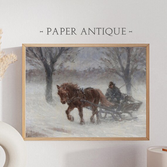 Horse Drawn Sleigh Snowstorm Winter Ride Vintage Oil Painting Poster