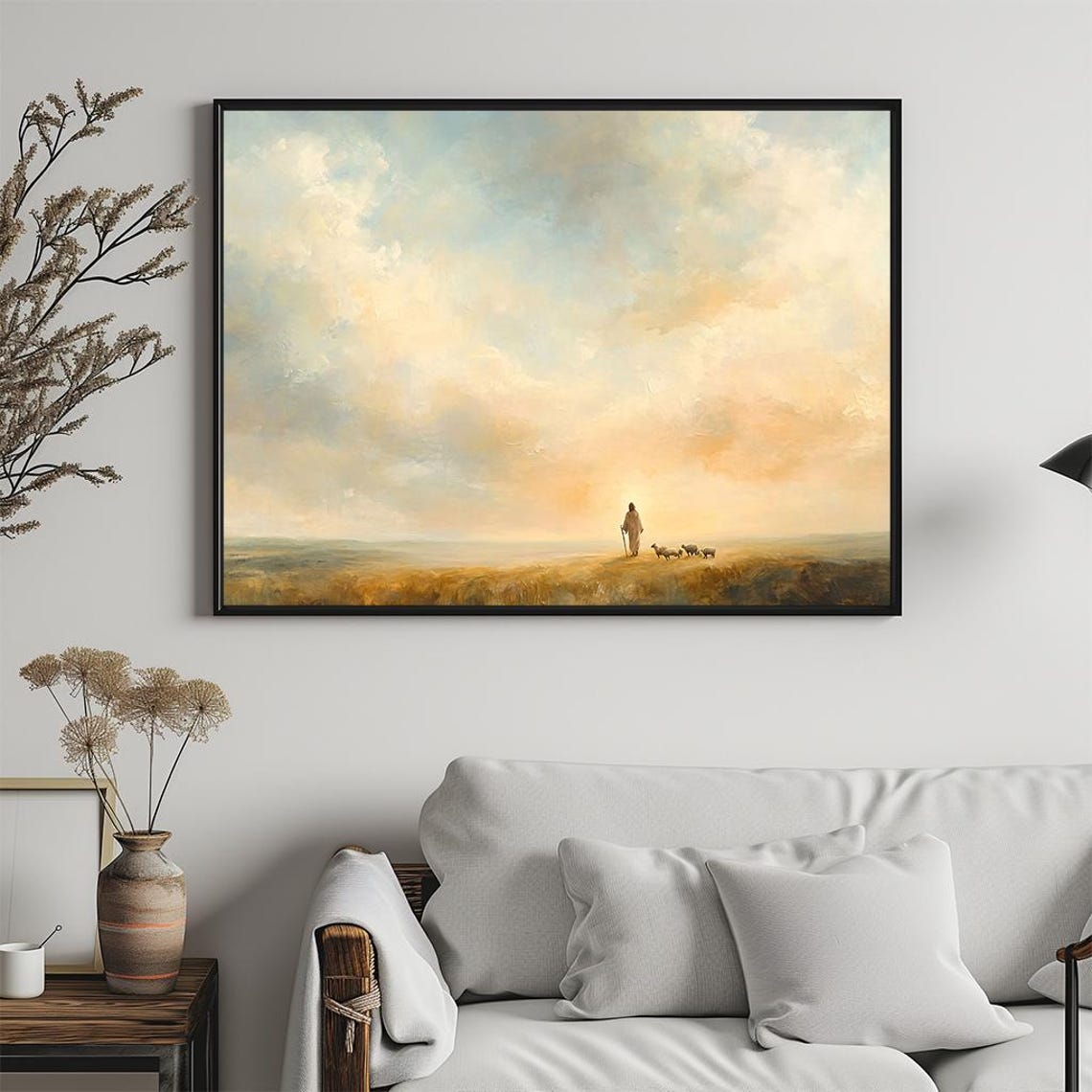 Shepherd With Sheep Golden Sunset Pastel Sky Painting Poster - Image 5