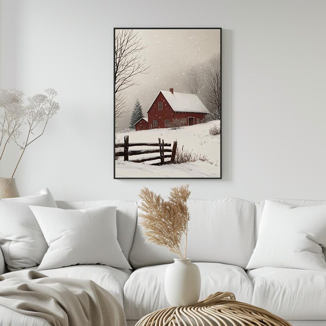 Red Barn In Snowy Winter Landscape Rustic Farmhouse Painting Poster - Image 5