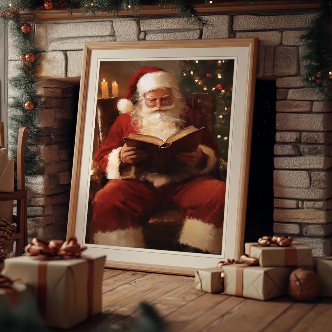 Santa Claus Reading A Book In Armchair Cozy Christmas Scene Poster - Image 2
