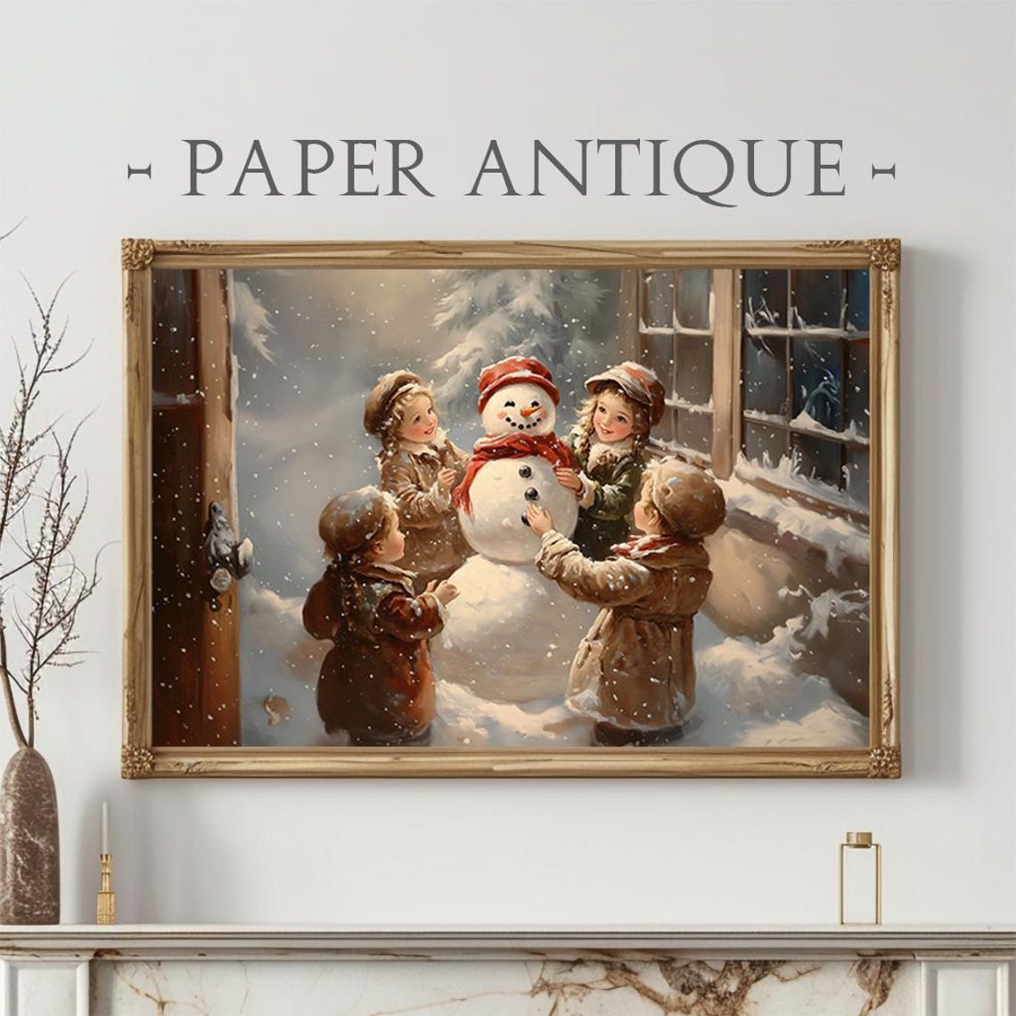 Vintage Christmas Scene Children Building Snowman Cozy Poster