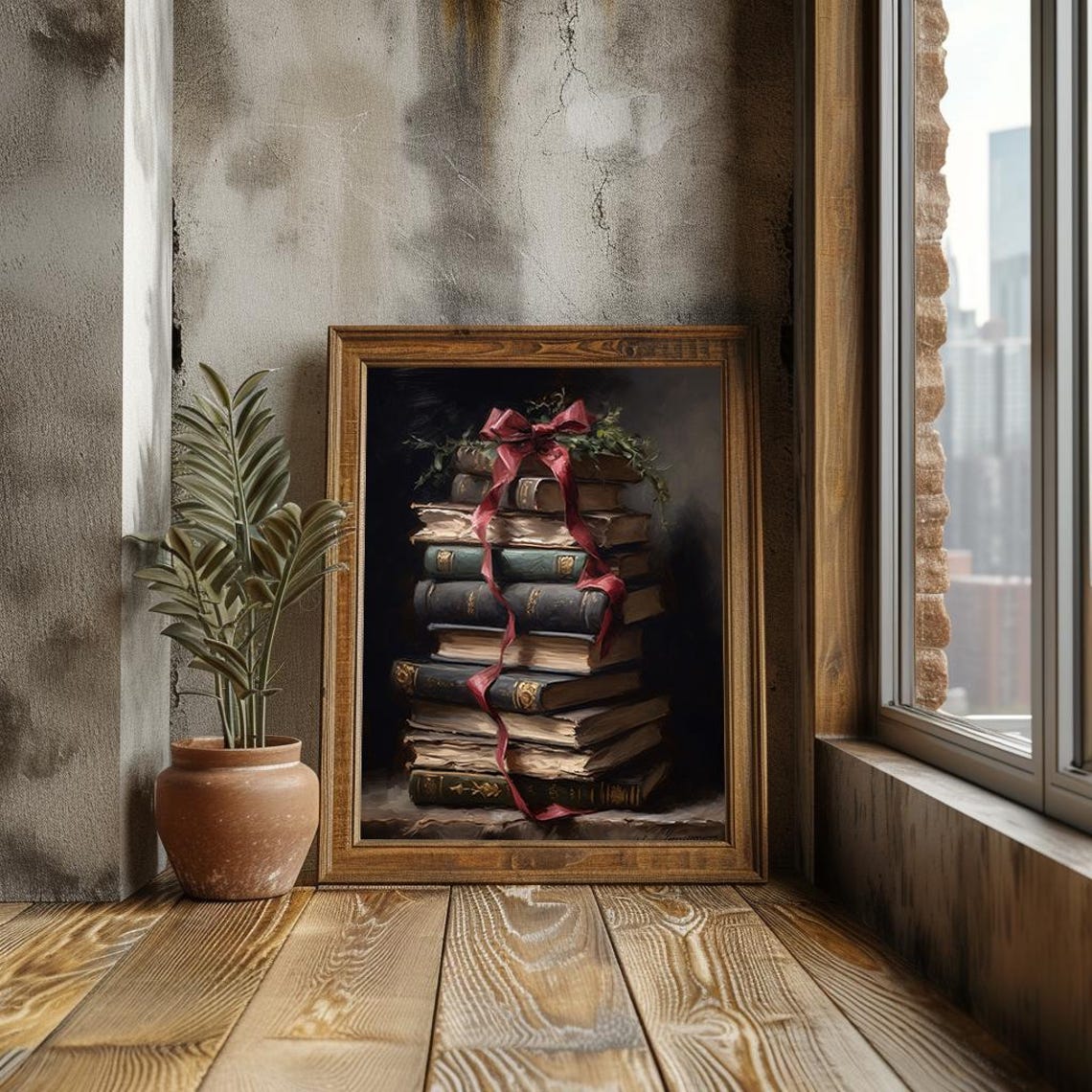 Stack Of Vintage Books Tied With Red Ribbon Classic Library Poster - Image 2