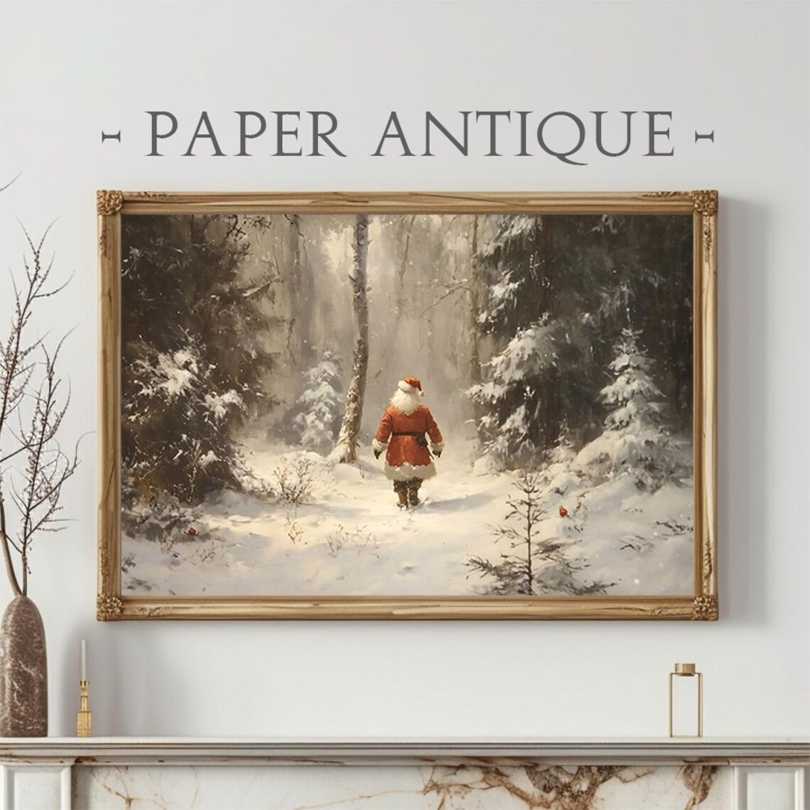 Santa Claus Walking Through Snowy Forest Path Vintage Painting Poster